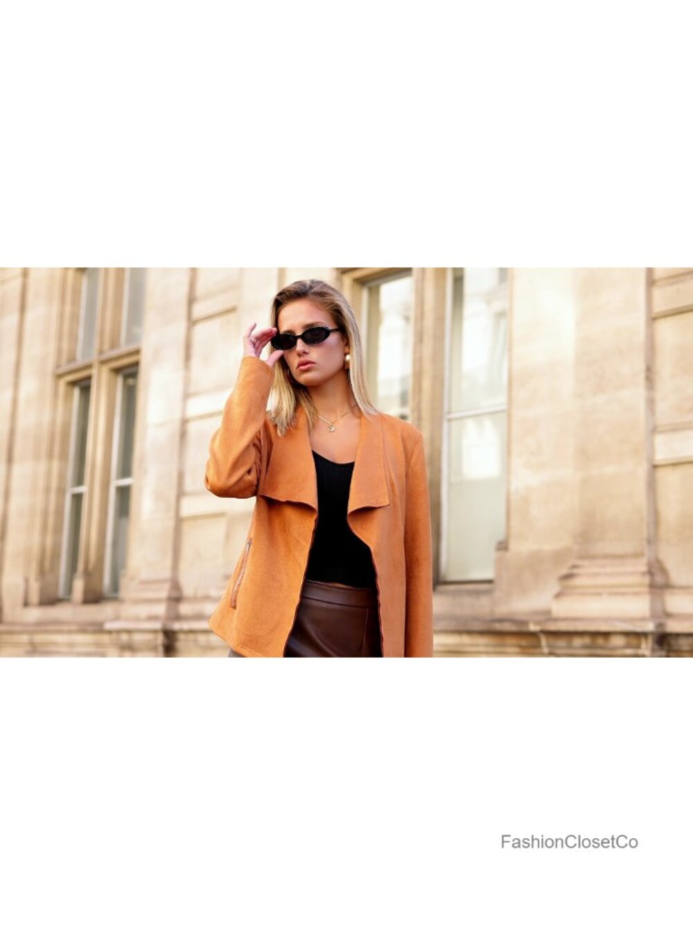 Faux Suede Cropped Jacket Waterfall Collar Open Front Zip Pockets Fall - Picture 6 of 6